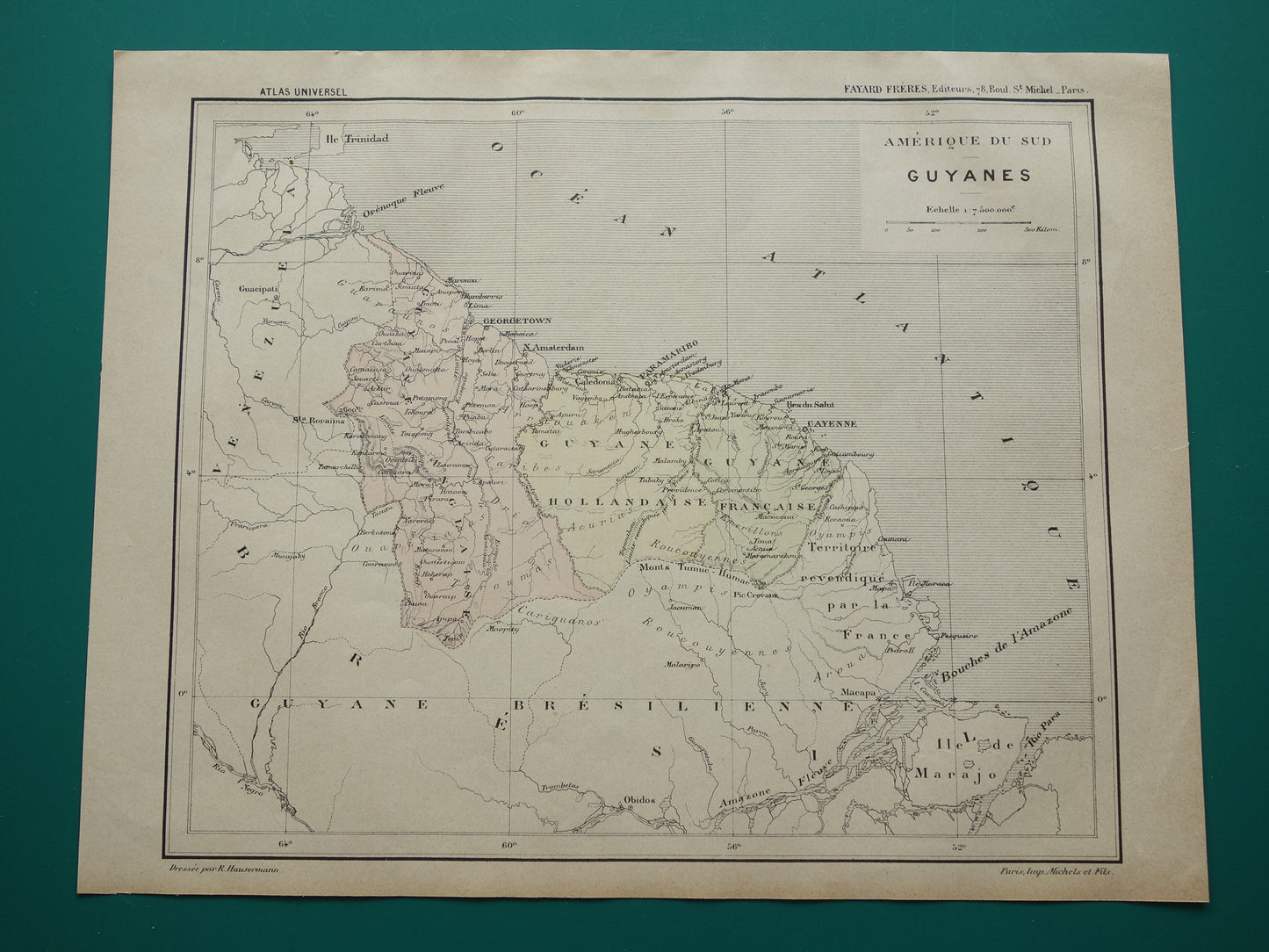 Suriname & Guyana old map from 1896 original antique French map of French Guiana Guyana and Suriname