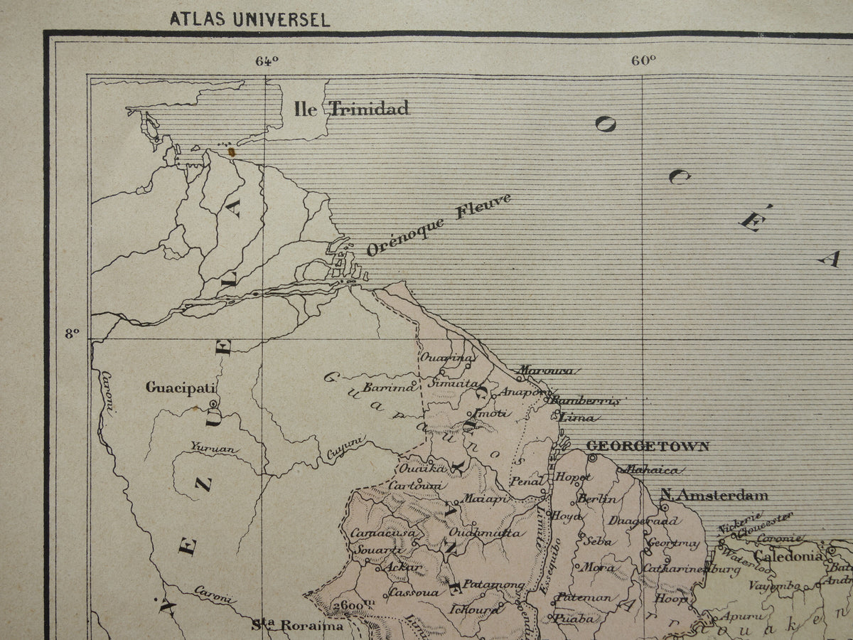 Alte Karte von Suriname und Guyana aus dem Jahr 1896, originale antike französische Karte von Französisch-Guayana, Guyana und Suriname