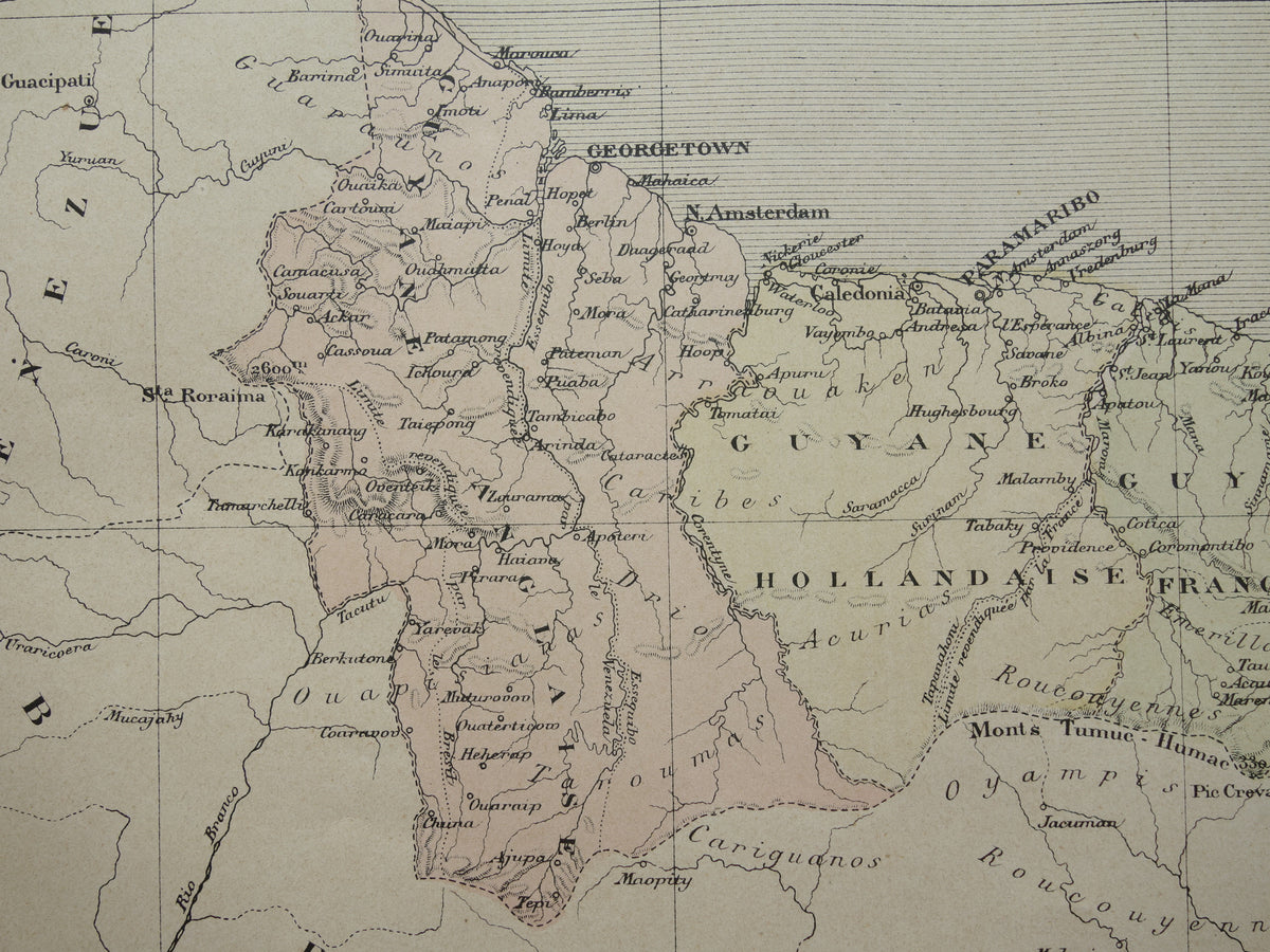 Alte Karte von Suriname und Guyana aus dem Jahr 1896, originale antike französische Karte von Französisch-Guayana, Guyana und Suriname