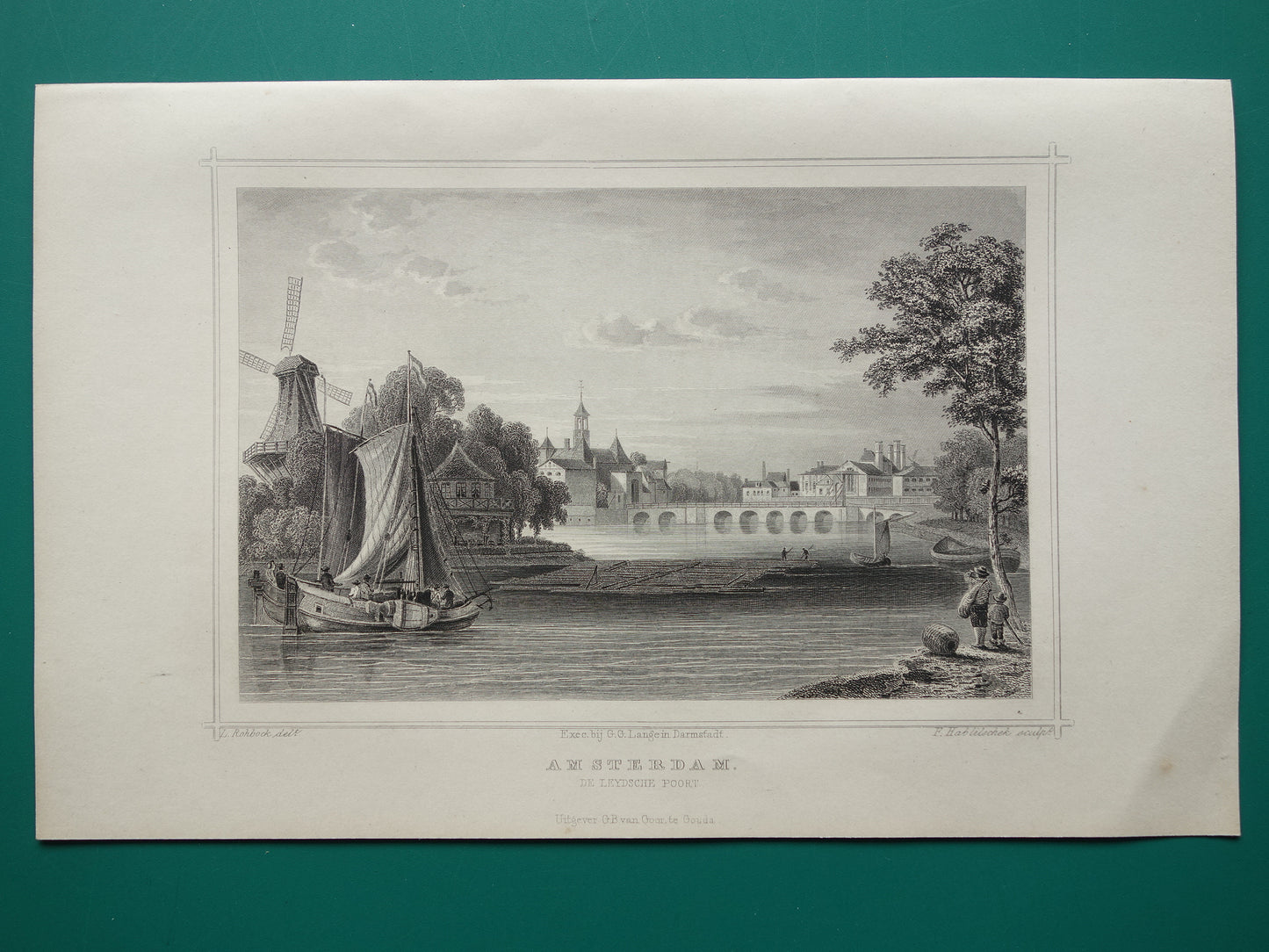 Leidsepoort oude prent Amsterdam Leidseplein Originele antieke gravure uit 1858 historische illustratie Terwen Koningrijk der Nederlanden Amsterdam. De Leydschepoort