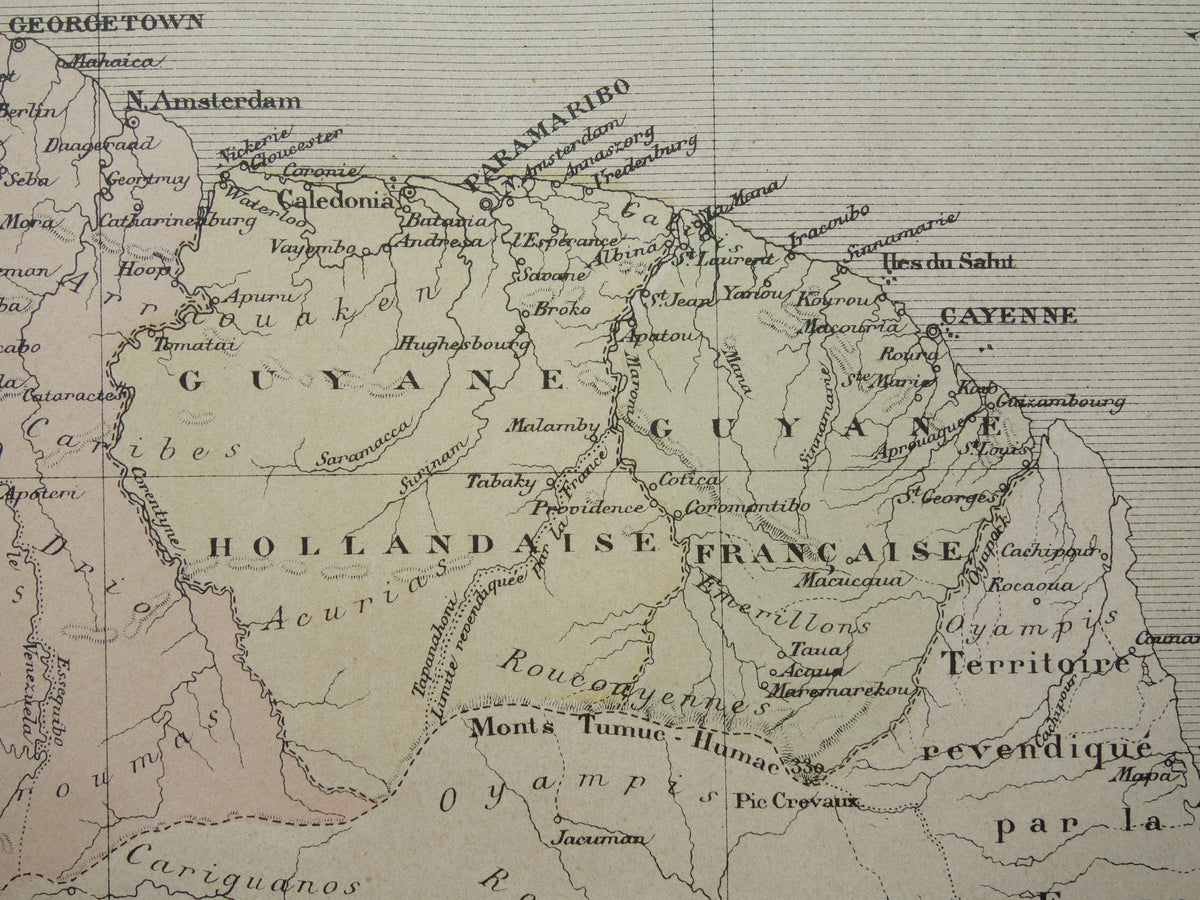 Alte Karte von Suriname und Guyana aus dem Jahr 1896, originale antike französische Karte von Französisch-Guayana, Guyana und Suriname