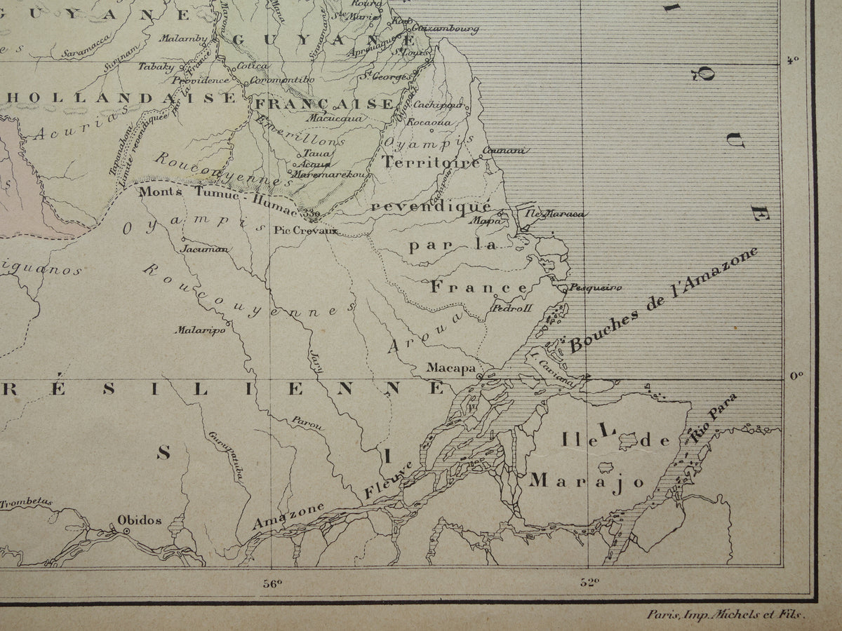 Alte Karte von Suriname und Guyana aus dem Jahr 1896, originale antike französische Karte von Französisch-Guayana, Guyana und Suriname