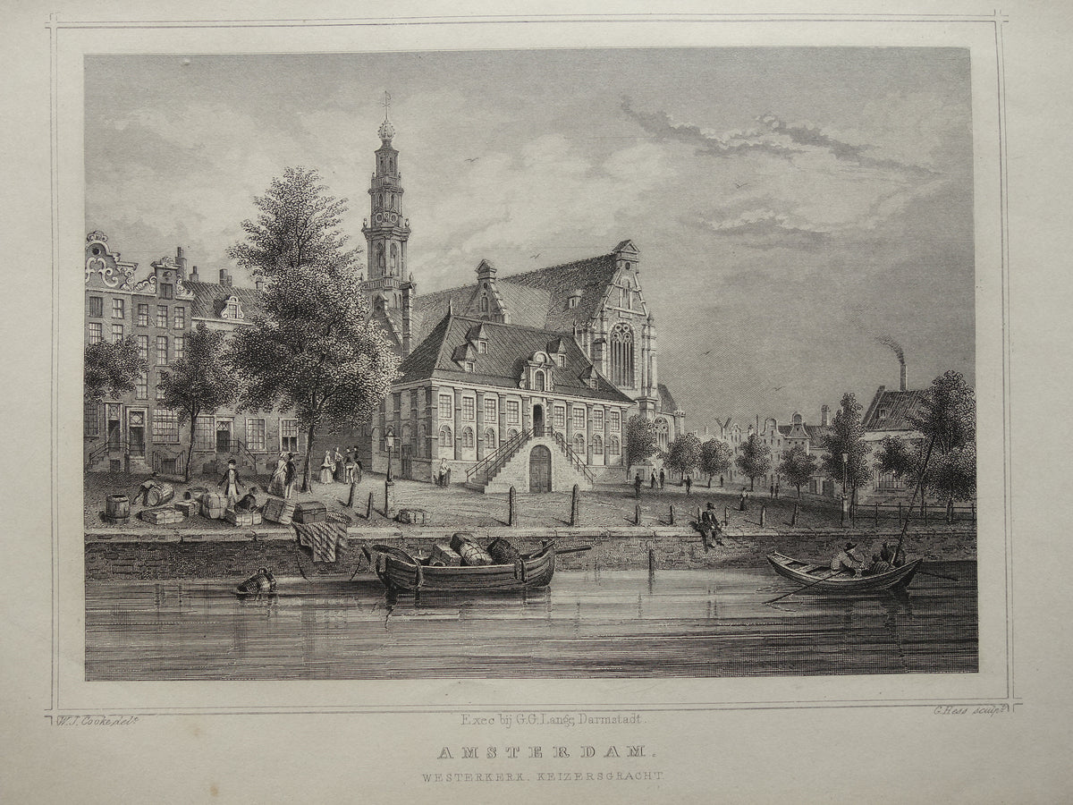 Westerkerk Amsterdam antieke gravure uit 1858 Originele oude prent Keizersgracht Terwen Koningrijk der Nederlanden
