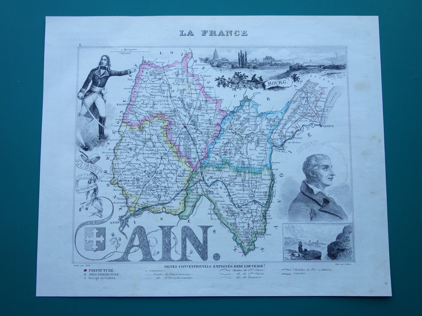 Alte Karte des französischen Departements AIN aus dem Jahr 1856, original antike handkolorierte Landkarte Bourg Belley Nantua Trevoux