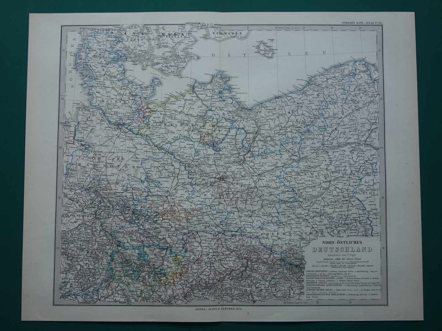 Alte Karte von Pommern-Brandenburg aus dem Jahr 1878. Große originale antike Karte von Mecklenburg, Polen und Norddeutschland.