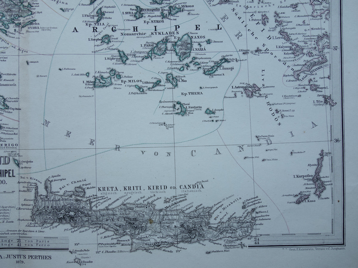 145+ year old map of Greece original antique map from 1879 vintage maps Athens Piraeus
