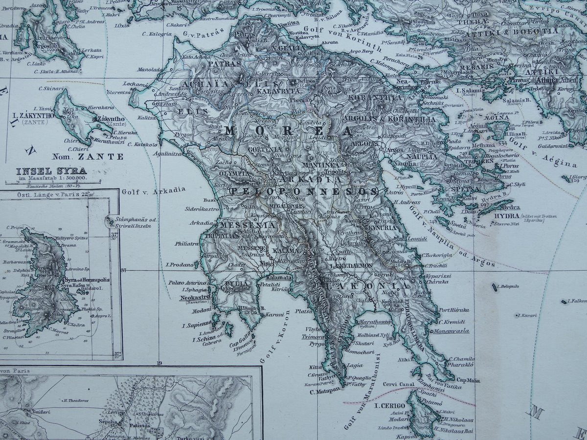 145+ year old map of Greece original antique map from 1879 vintage maps Athens Piraeus