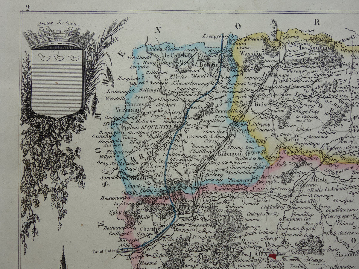 Alte Karte AISNE Departement Frankreich aus dem Jahr 1856 originale antike handkolorierte Landkarte Laon Soissons Saint-Quentin