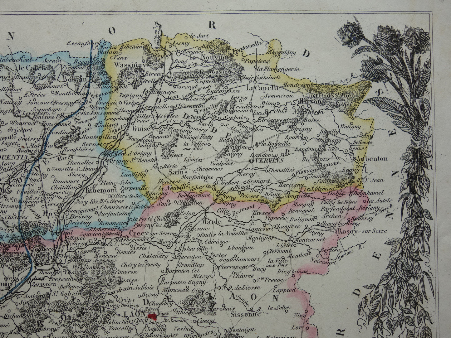 Alte Karte AISNE Departement Frankreich aus dem Jahr 1856 originale antike handkolorierte Landkarte Laon Soissons Saint-Quentin