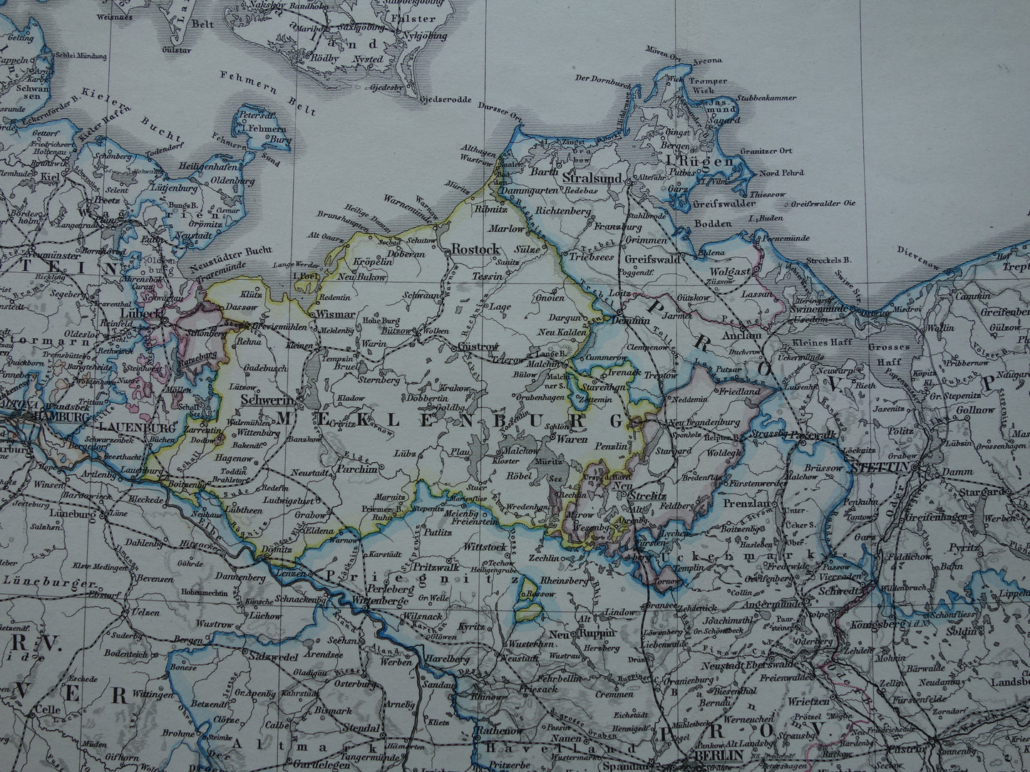 Alte Karte von Pommern-Brandenburg aus dem Jahr 1878. Große originale antike Karte von Mecklenburg, Polen und Norddeutschland.