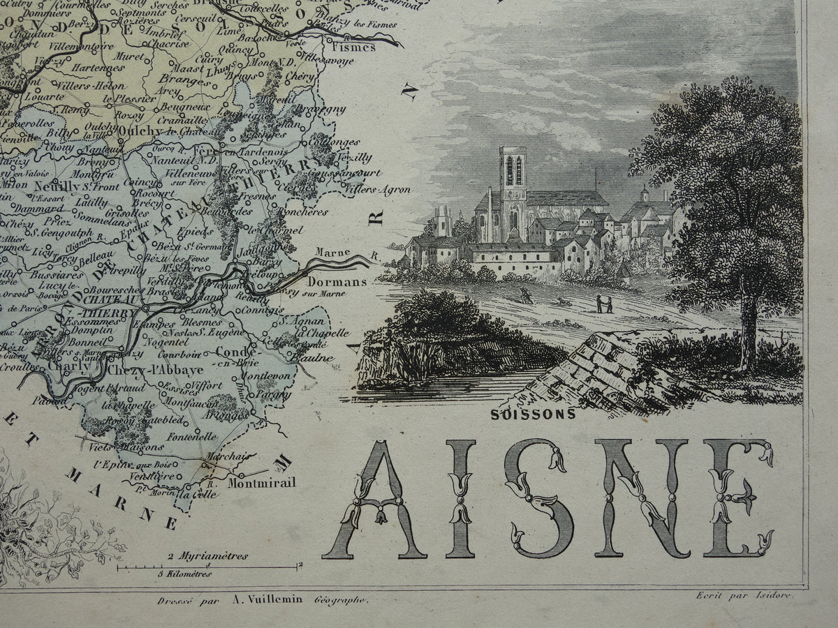 Old map AISNE department France from 1870 original antique hand-colored map Laon Soissons Saint-Quentin