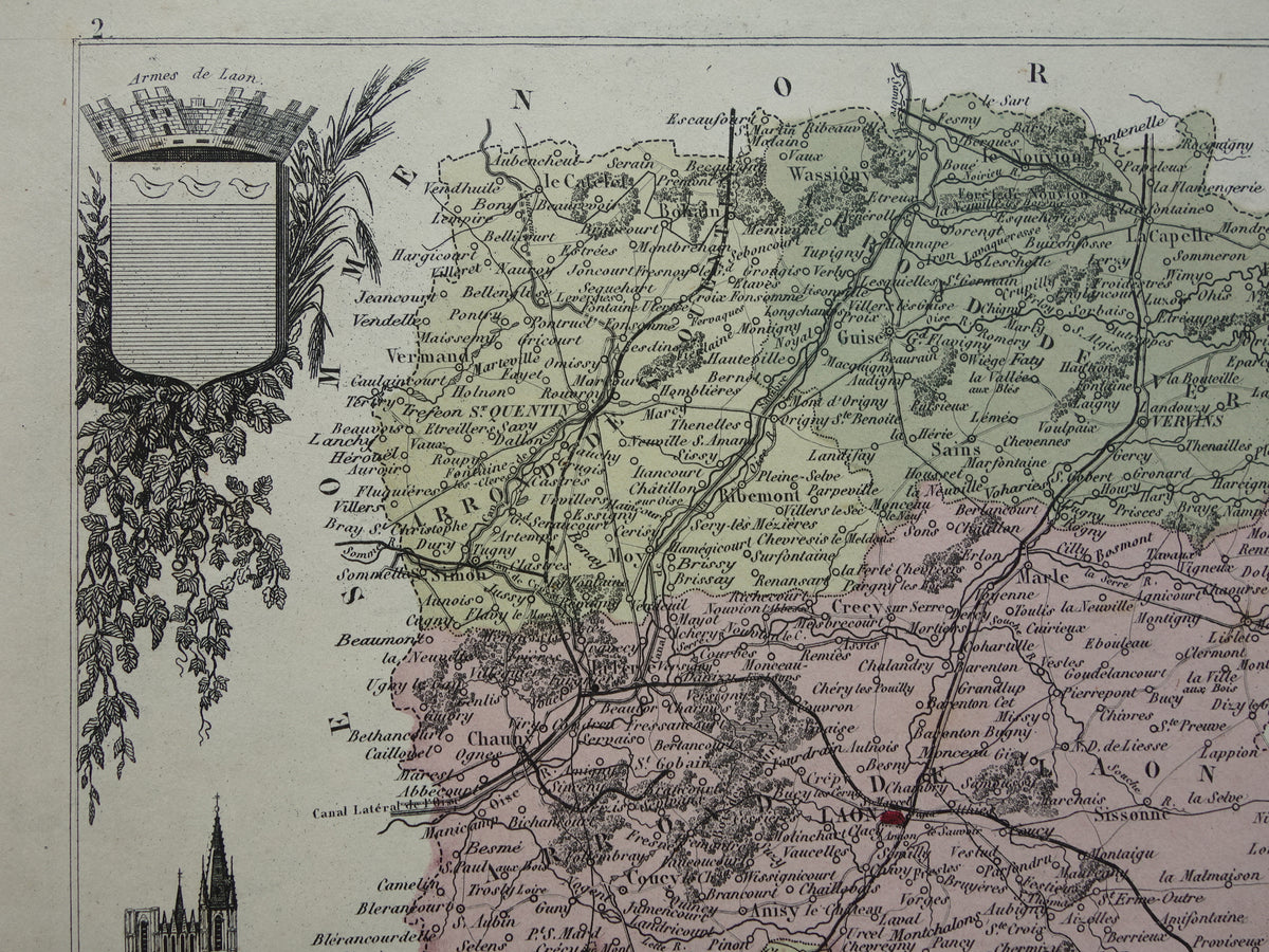 Old map AISNE department France from 1870 original antique hand-colored map Laon Soissons Saint-Quentin