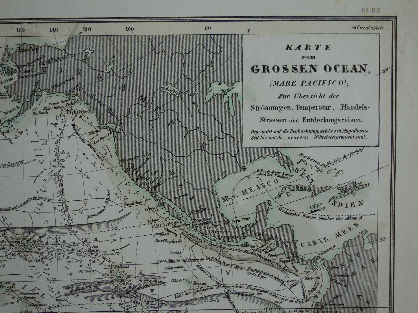 Antieke kaart van de Grote Oceaan Originele 170+ jaar oude antieke Duitse landkaart zeekaart Stille Oceaan