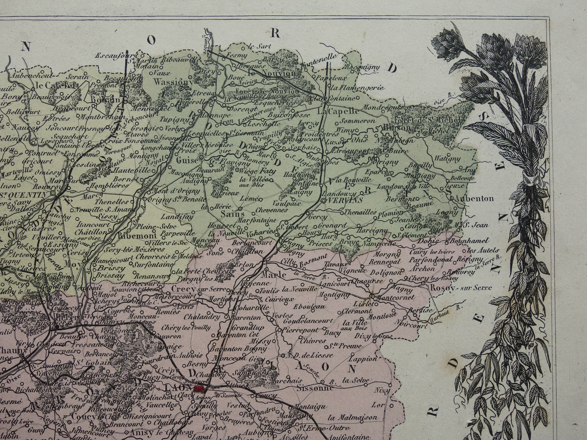 Old map AISNE department France from 1870 original antique hand-colored map Laon Soissons Saint-Quentin
