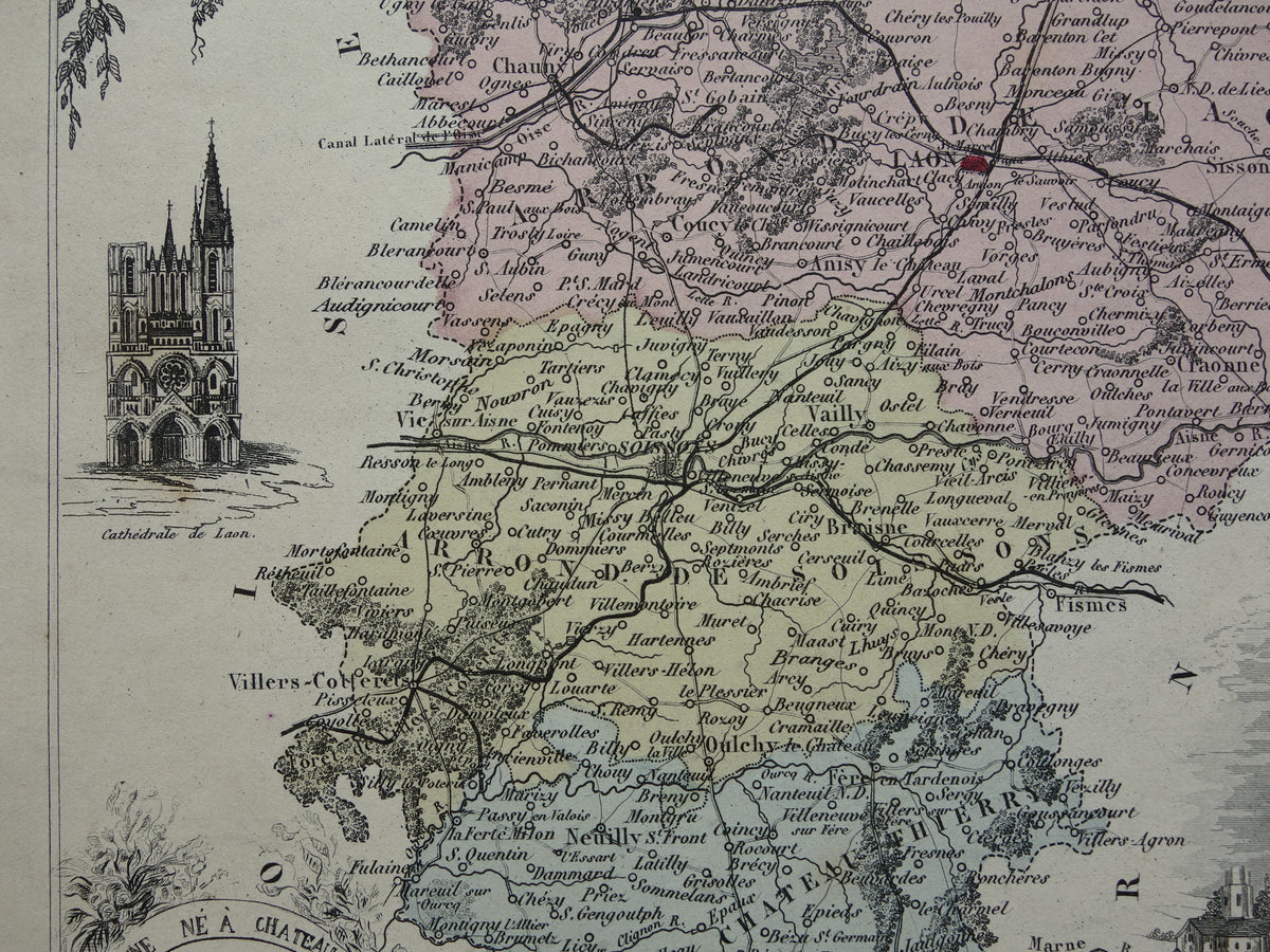 Old map AISNE department France from 1870 original antique hand-colored map Laon Soissons Saint-Quentin