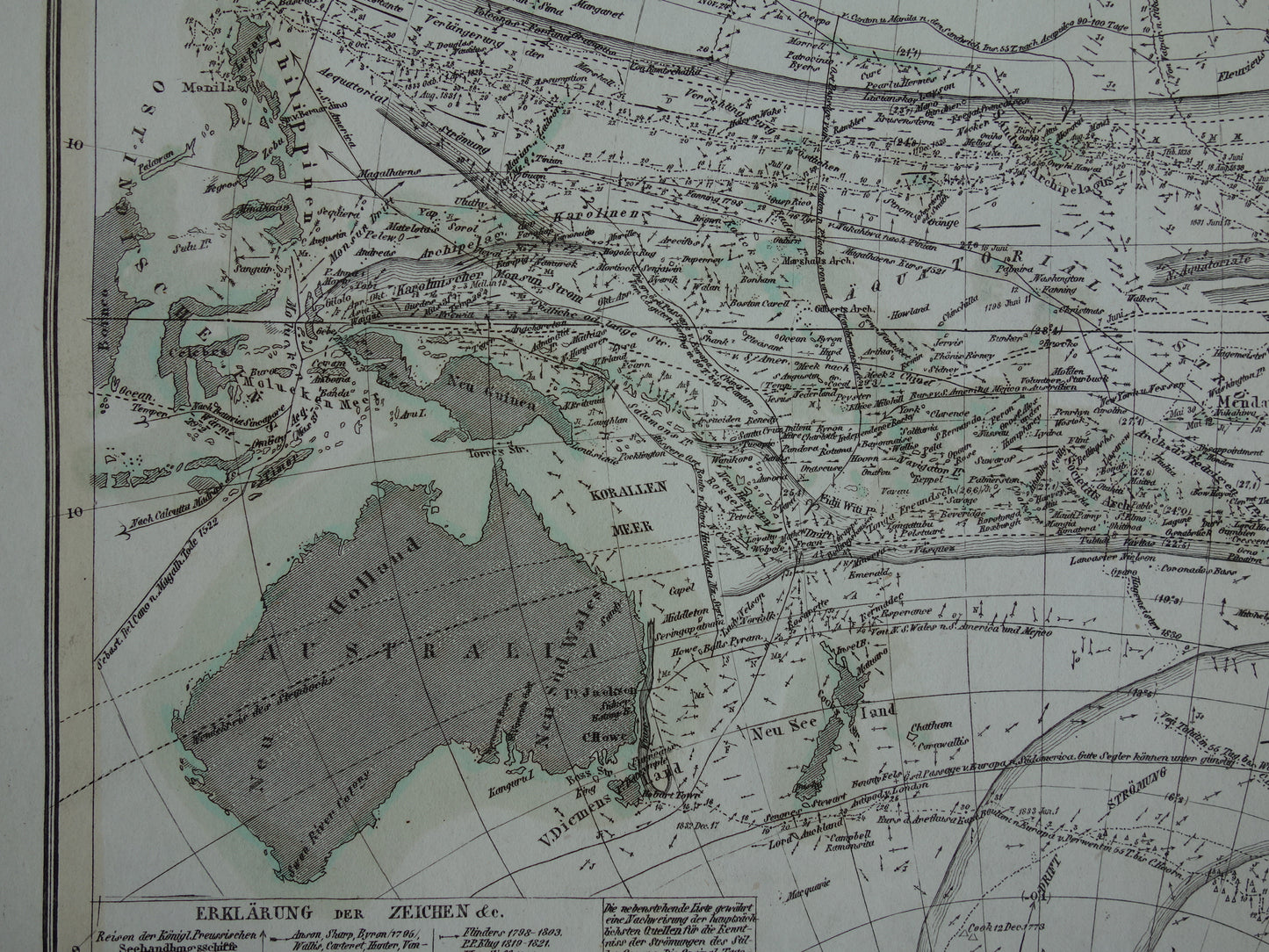 Antieke kaart van de Grote Oceaan Originele 170+ jaar oude antieke Duitse landkaart zeekaart Stille Oceaan
