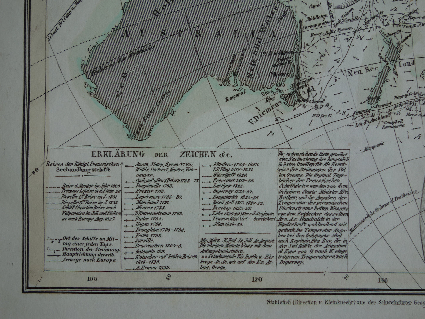 Antieke kaart van de Grote Oceaan Originele 170+ jaar oude antieke Duitse landkaart zeekaart Stille Oceaan