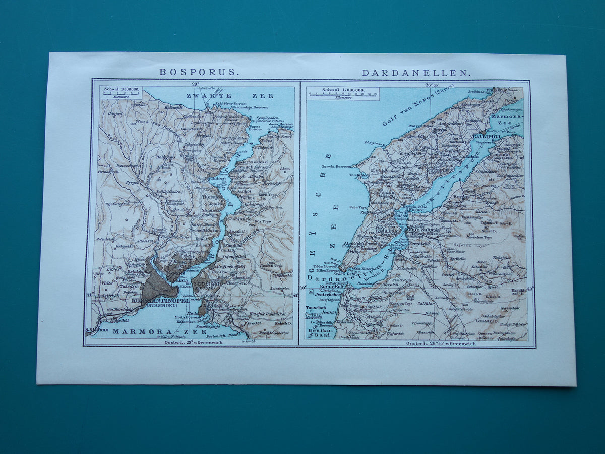 BOSPORUS & DARDANELLEN kleine oude kaart uit 1915 originele Nederlandse vintage landkaart