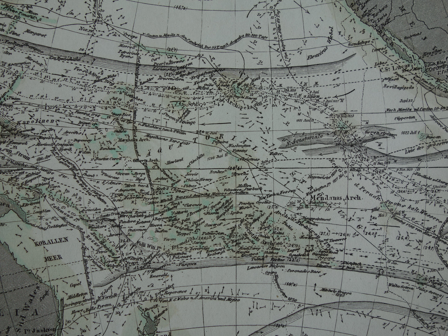 Antieke kaart van de Grote Oceaan Originele 170+ jaar oude antieke Duitse landkaart zeekaart Stille Oceaan