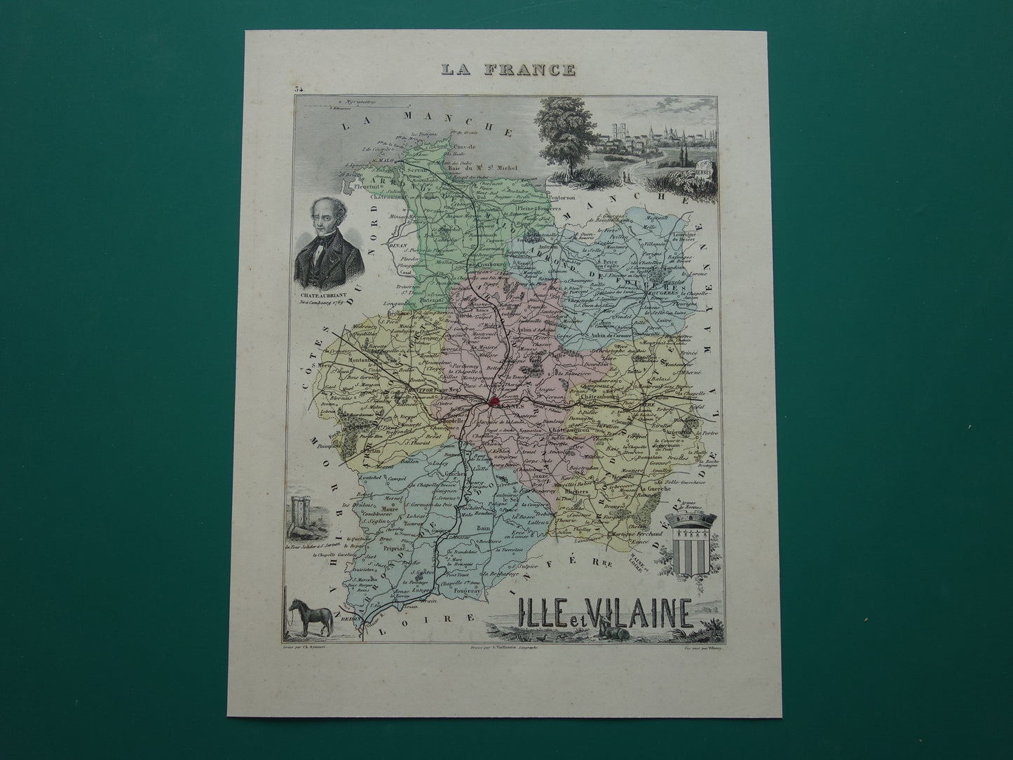 Ille et Vilaine departement Frankrijk oude kaart 1870 originele antieke landkaart Rennes historische kaarten