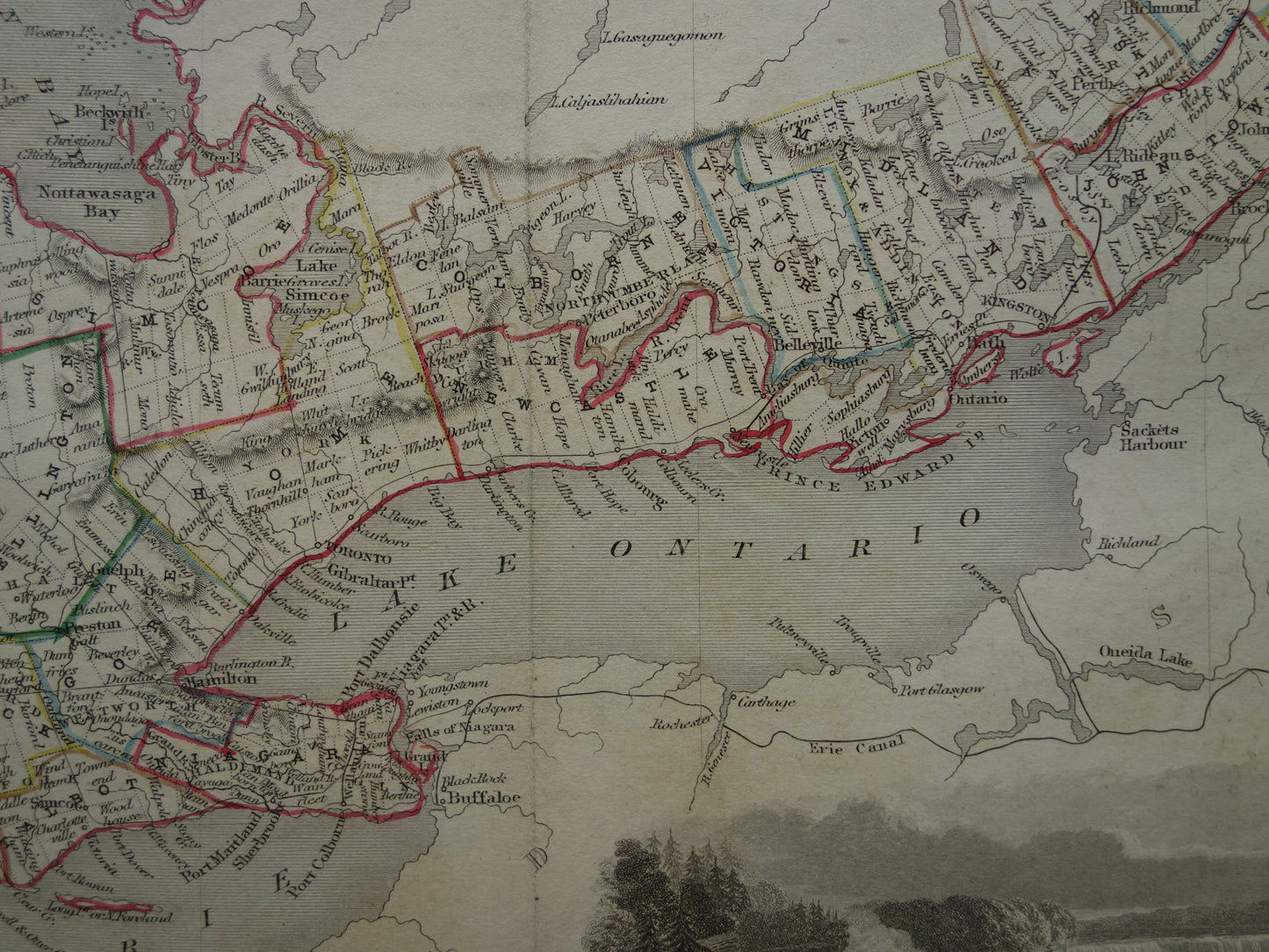 CANADA Antieke landkaart van Ontario 1851 oude Engelse kaart Montréal Toronto Ottawa Niagara Falls