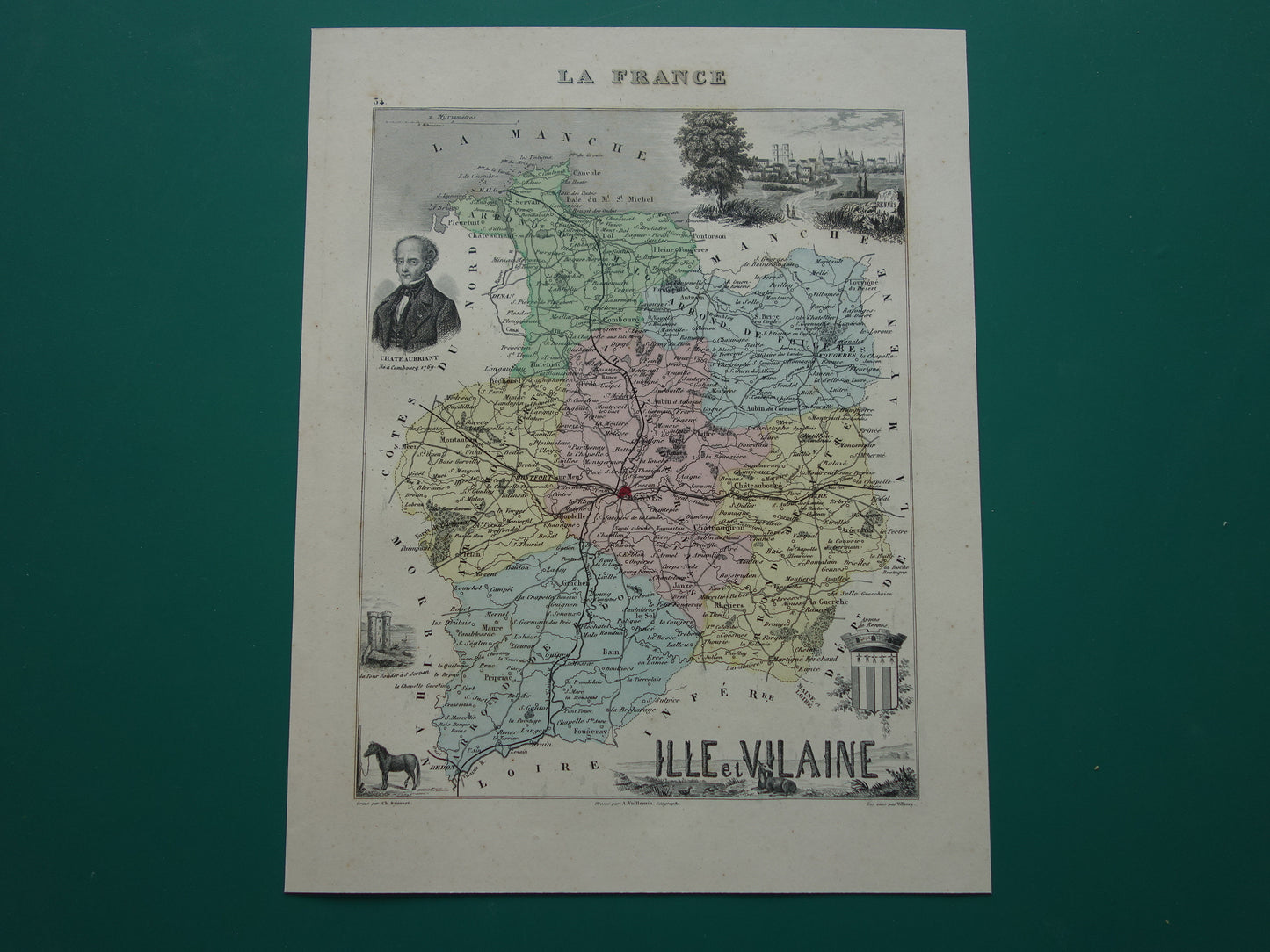 Ille et Vilaine departement Frankrijk oude kaart 1870 originele antieke landkaart Rennes historische kaarten