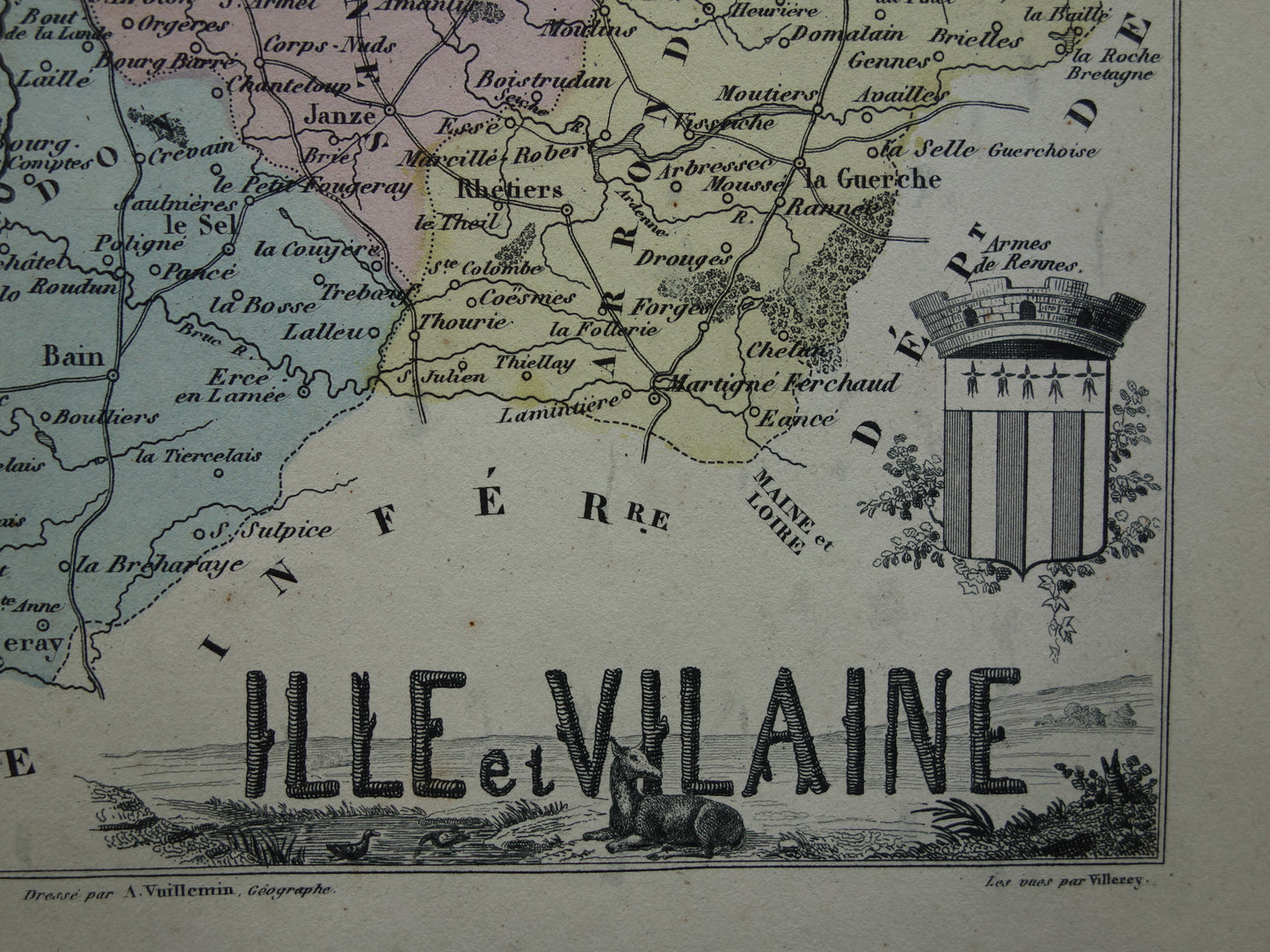 Ille et Vilaine departement Frankrijk oude kaart 1870 originele antieke landkaart Rennes historische kaarten