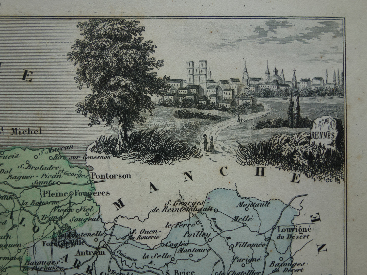 Ille et Vilaine departement Frankrijk oude kaart 1870 originele antieke landkaart Rennes historische kaarten