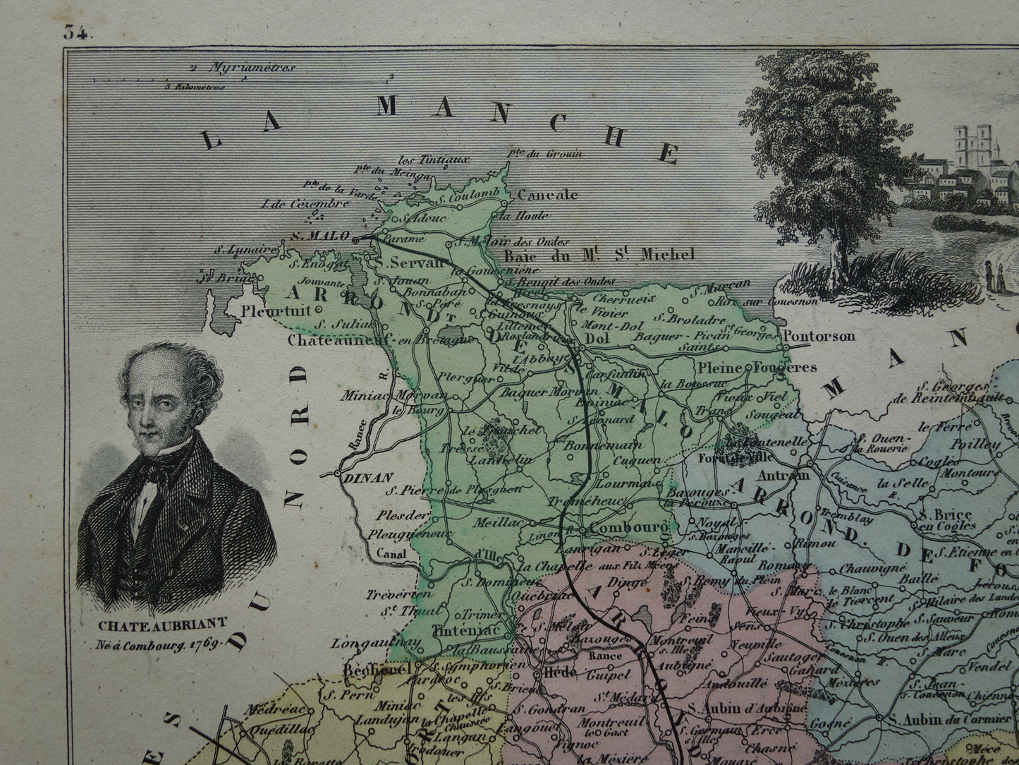 Ille et Vilaine departement Frankrijk oude kaart 1870 originele antieke landkaart Rennes historische kaarten