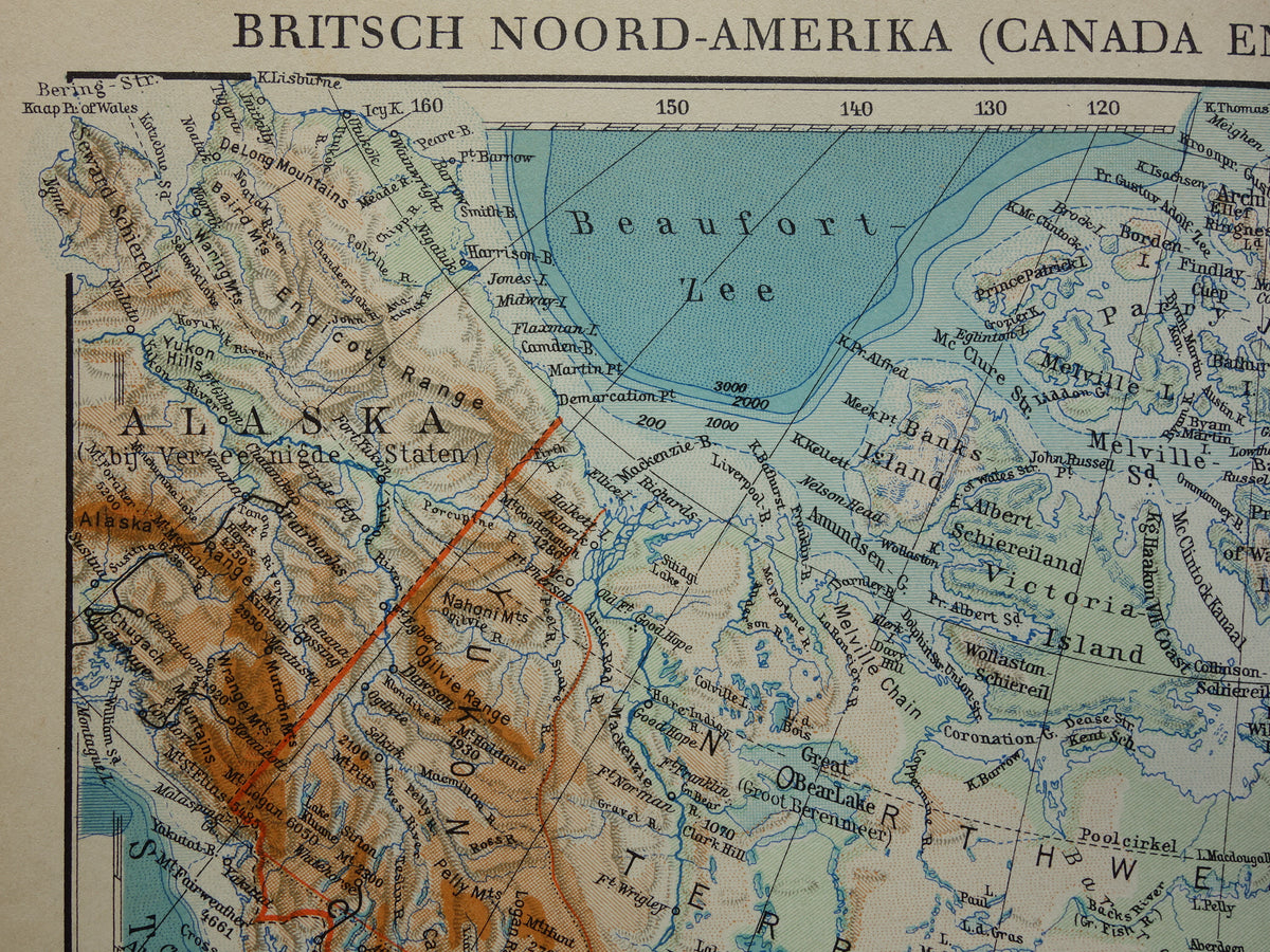 Alte Karte von Kanada, Grönland und Alaska, original niederländische Vintage-Landkarte aus den 1930er Jahren