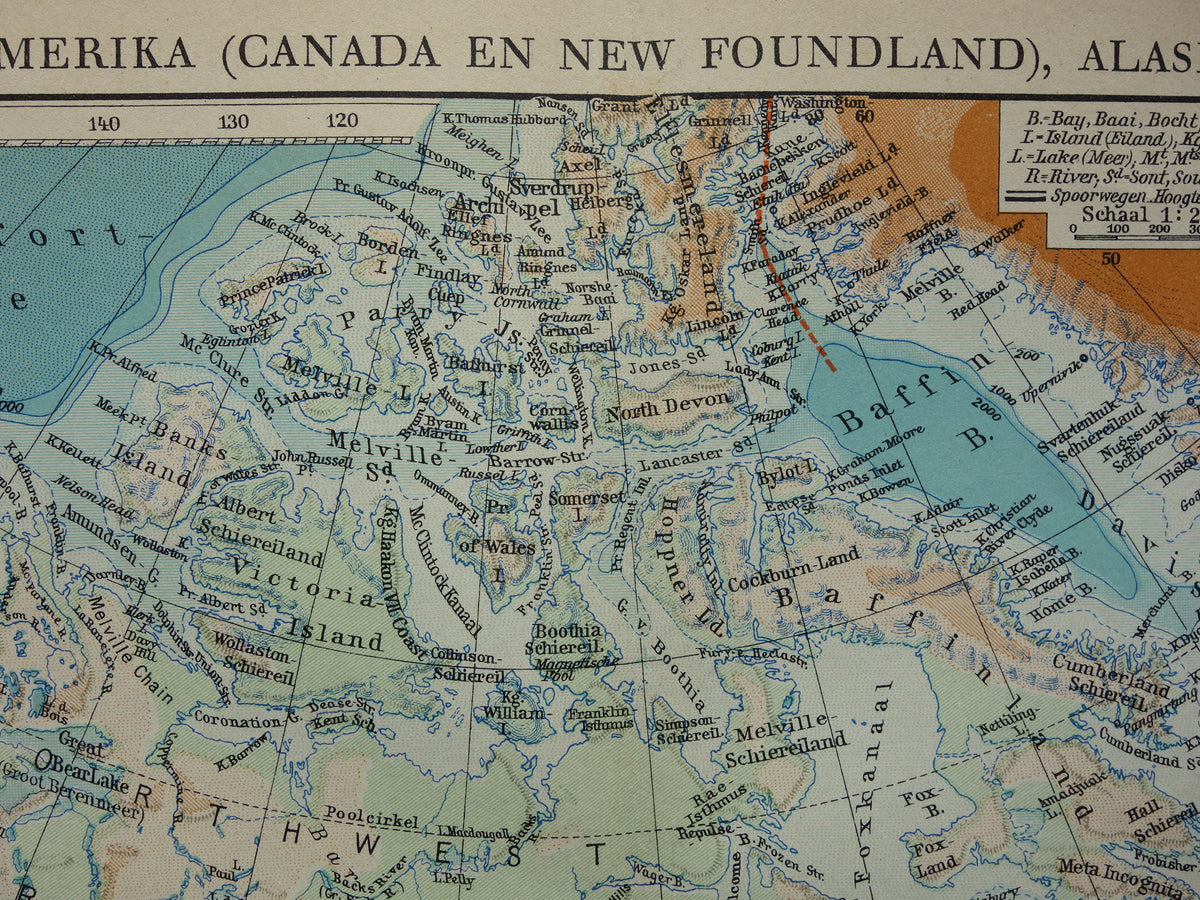 Alte Karte von Kanada, Grönland und Alaska, original niederländische Vintage-Landkarte aus den 1930er Jahren