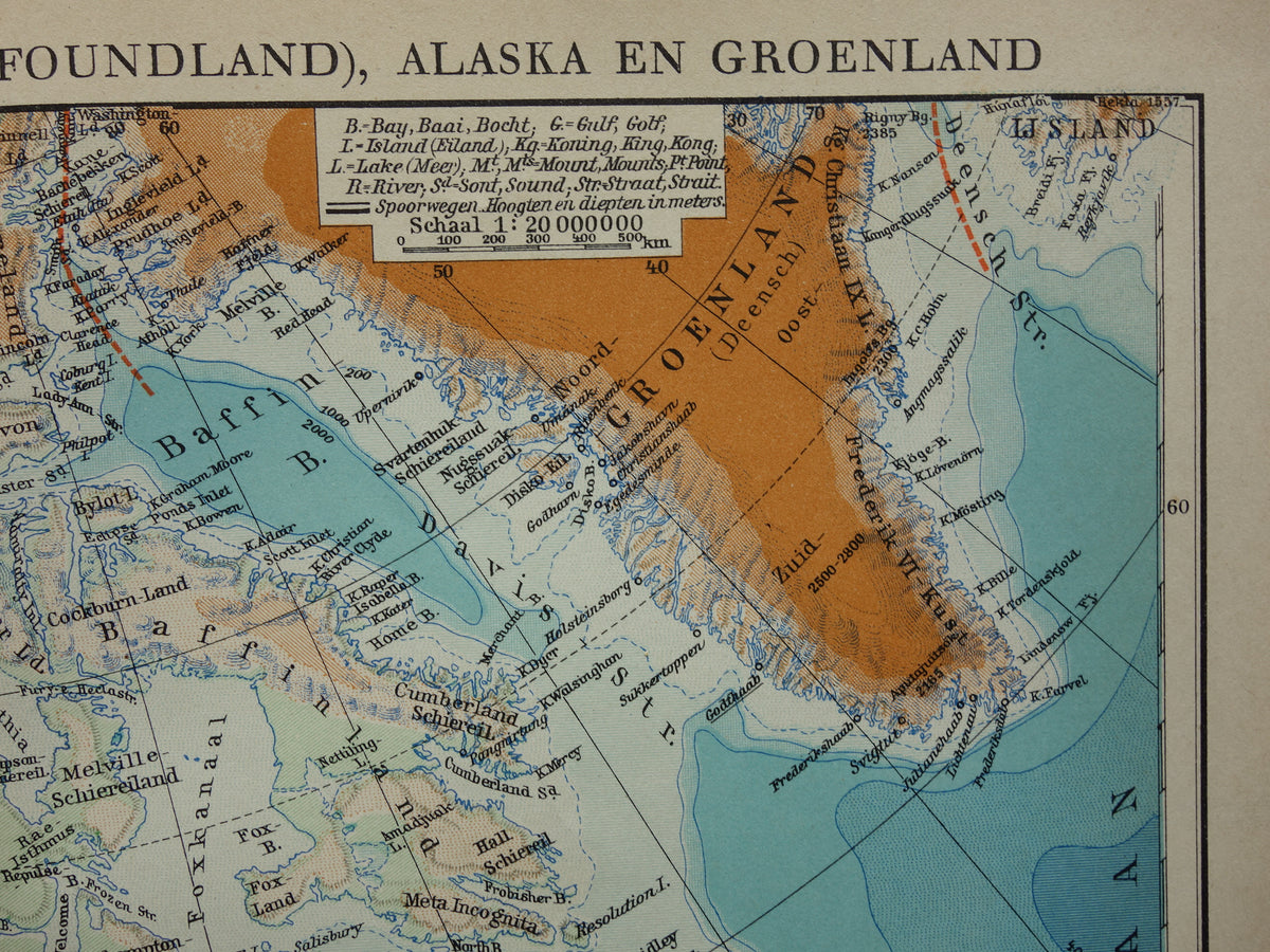 Alte Karte von Kanada, Grönland und Alaska, original niederländische Vintage-Landkarte aus den 1930er Jahren