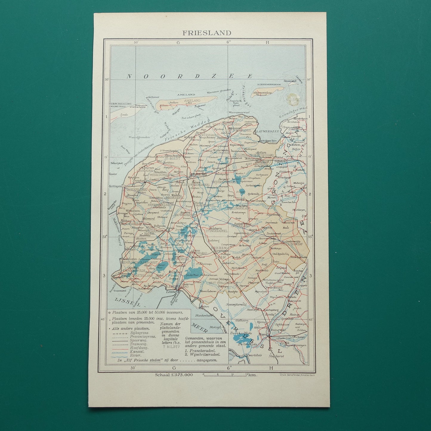 FRIESLAND Oude kaart van de provincie Friesland uit 1935 kleine originele vintage historische landkaart