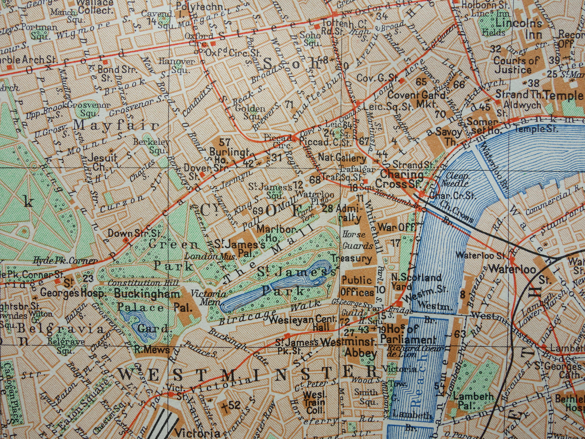 LONDEN oude plattegrond uit 1936 originele Nederlandse antieke kaart van centrum Londen City Westend Westminster