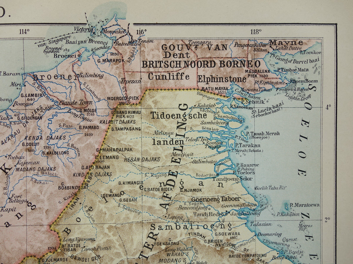 BORNEO oude kaart uit 1915 originele Nederlandse vintage landkaart Indonesië