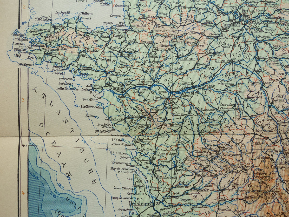 FRANKREICH Alte niederländische Karte von Frankreich aus dem Jahr 1935 Original Vintage Landkarte Höhenkarte