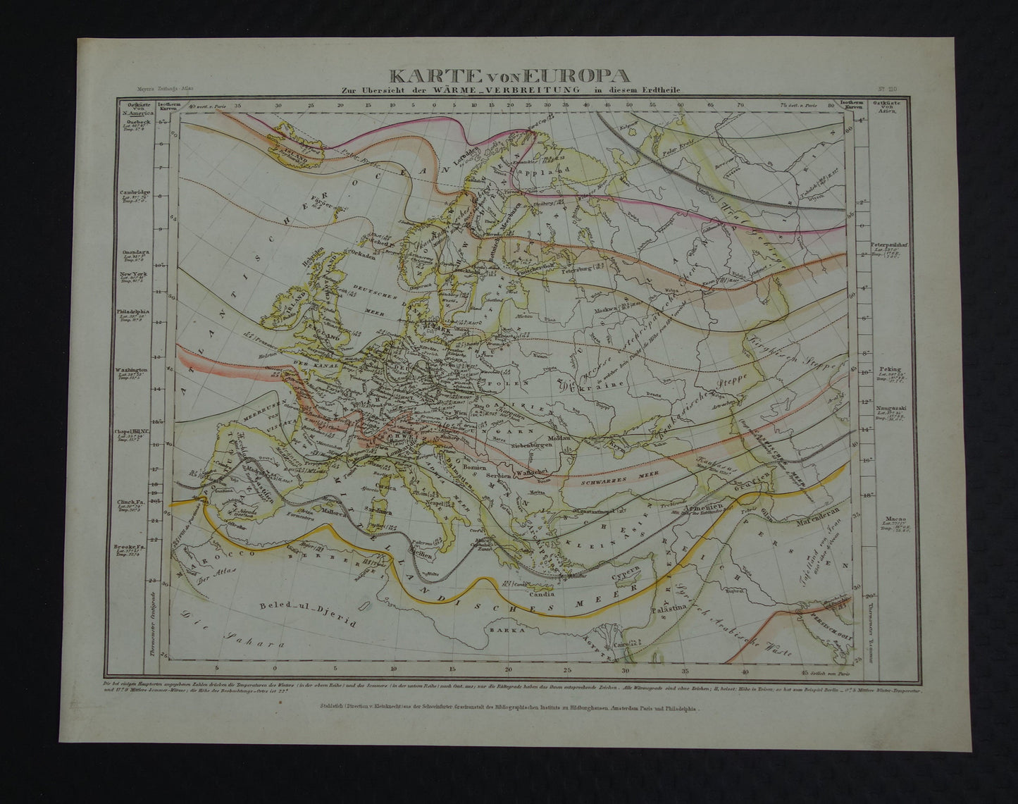 Klimaatkaart van Europa uit 1851 oude handgekleurde kaart temperatuur continent Europa - vintage print