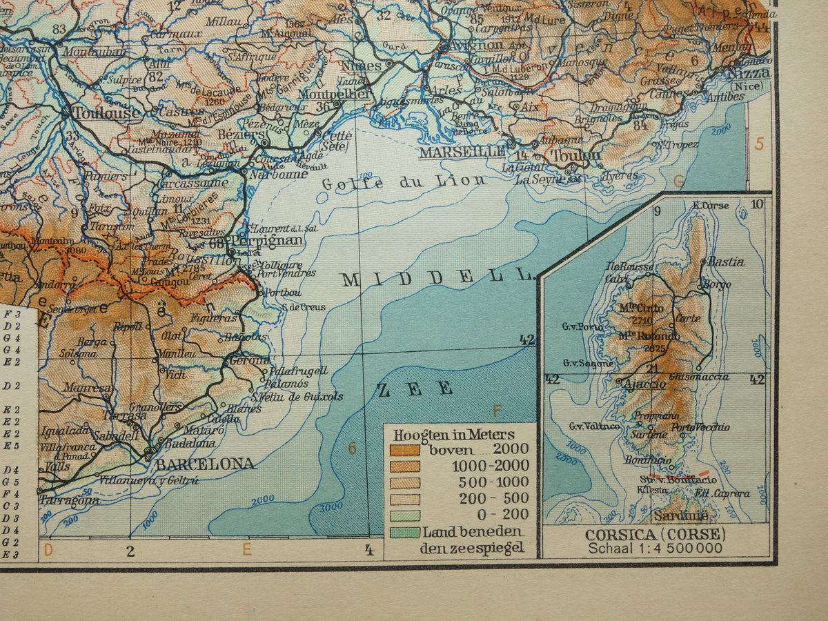 FRANKREICH Alte niederländische Karte von Frankreich aus dem Jahr 1935 Original Vintage Landkarte Höhenkarte