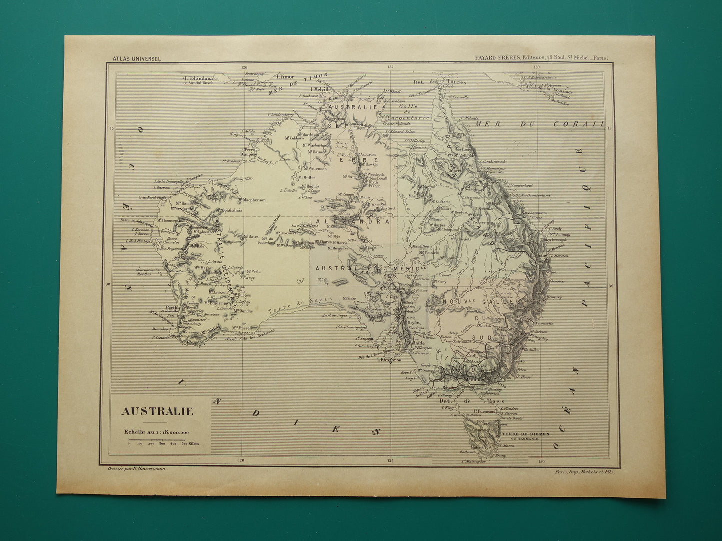 Oude kaart van Australië uit 1896 originele antieke Franse handgekleurde landkaart Australië