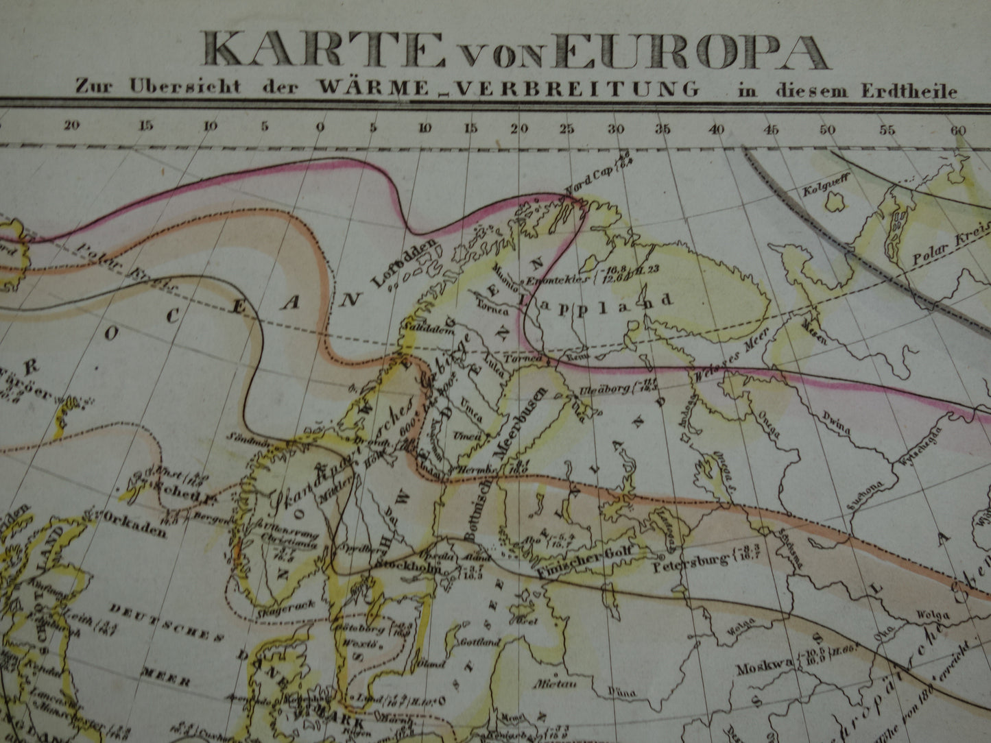 Klimaatkaart van Europa uit 1851 oude handgekleurde kaart temperatuur continent Europa - vintage print
