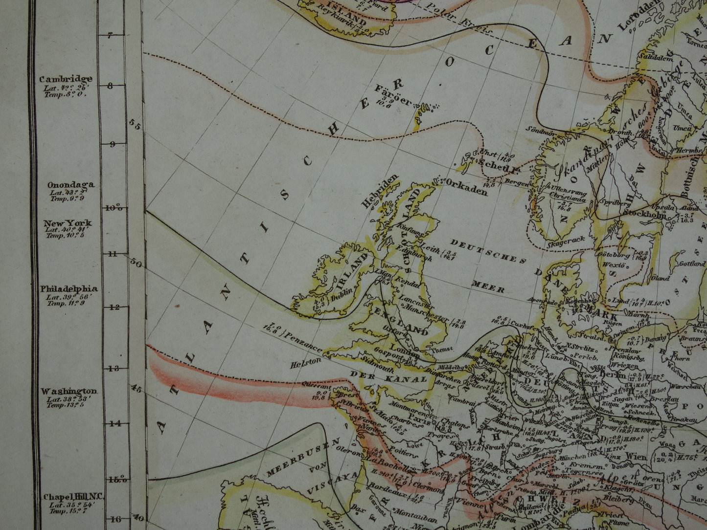 Klimaatkaart van Europa uit 1851 oude handgekleurde kaart temperatuur continent Europa - vintage print