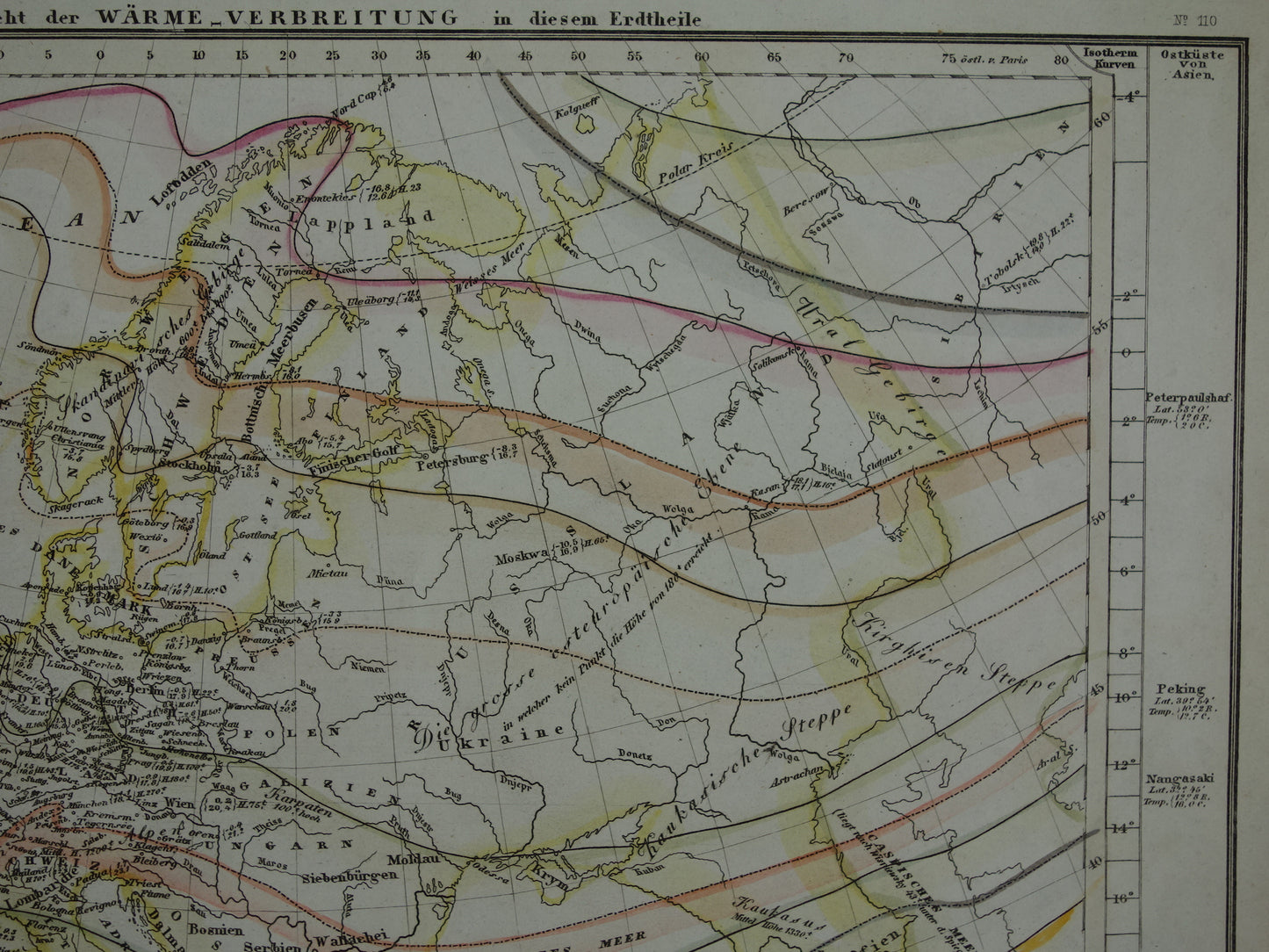 Klimaatkaart van Europa uit 1851 oude handgekleurde kaart temperatuur continent Europa - vintage print