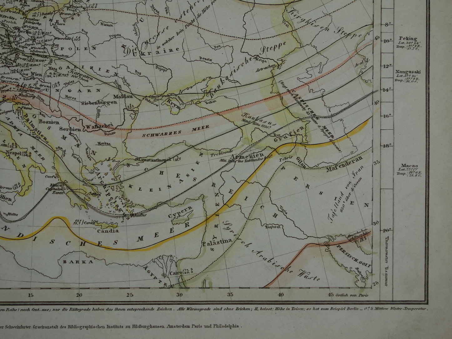 Klimaatkaart van Europa uit 1851 oude handgekleurde kaart temperatuur continent Europa - vintage print