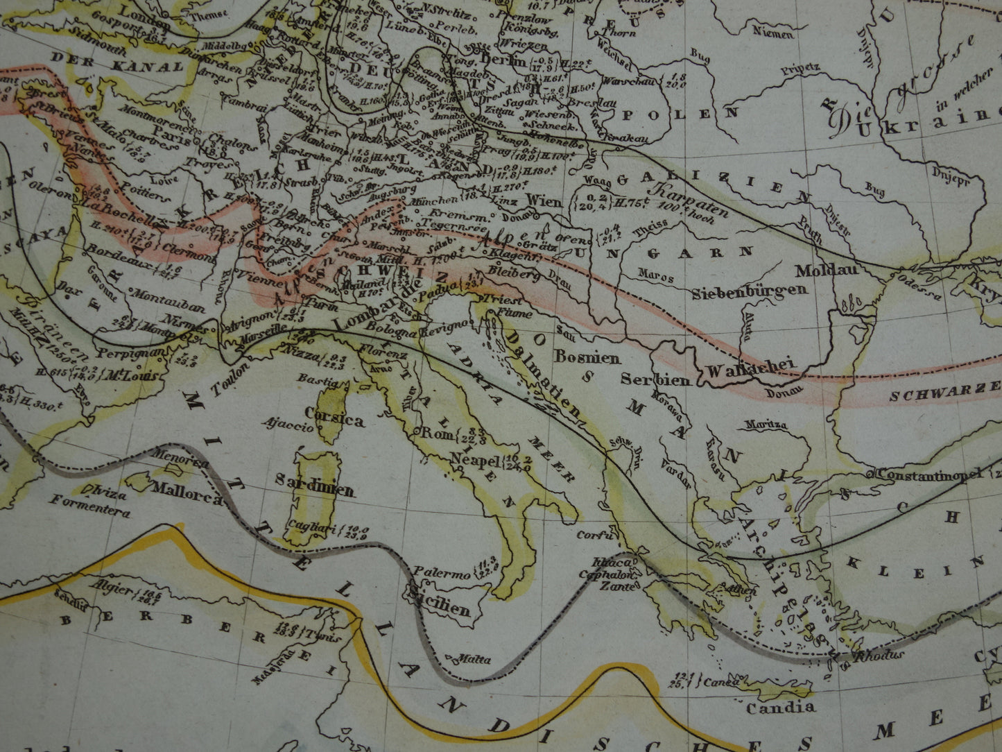 Klimaatkaart van Europa uit 1851 oude handgekleurde kaart temperatuur continent Europa - vintage print