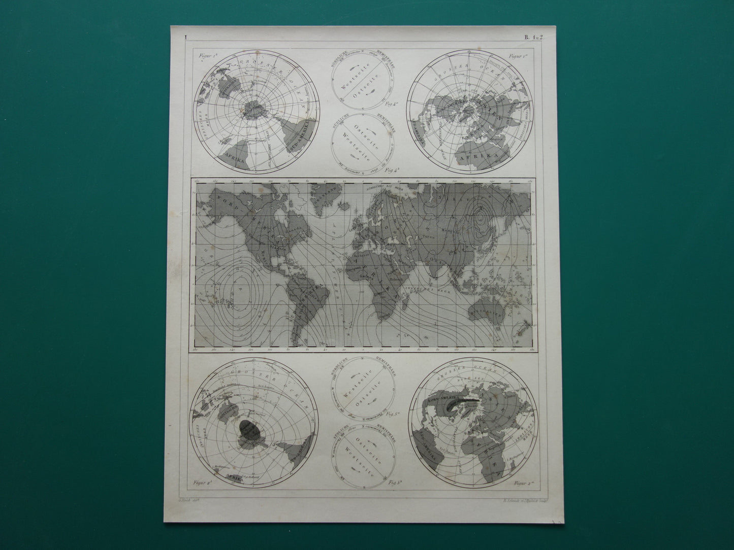 Oude Kaart van het aardmagnetisch veld uit 1849 originele antieke wereldkaart magnetisme polen noordpool zuidpool