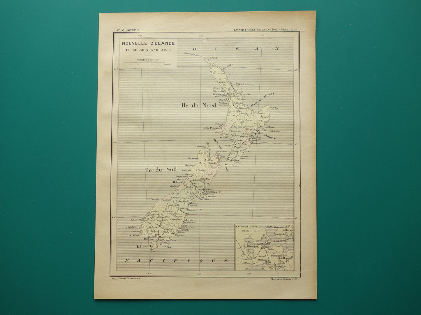 NIEUW-ZEELAND oude kaart uit 1896 originele antieke Franse handgekleurde landkaart Nieuw-Zeeland