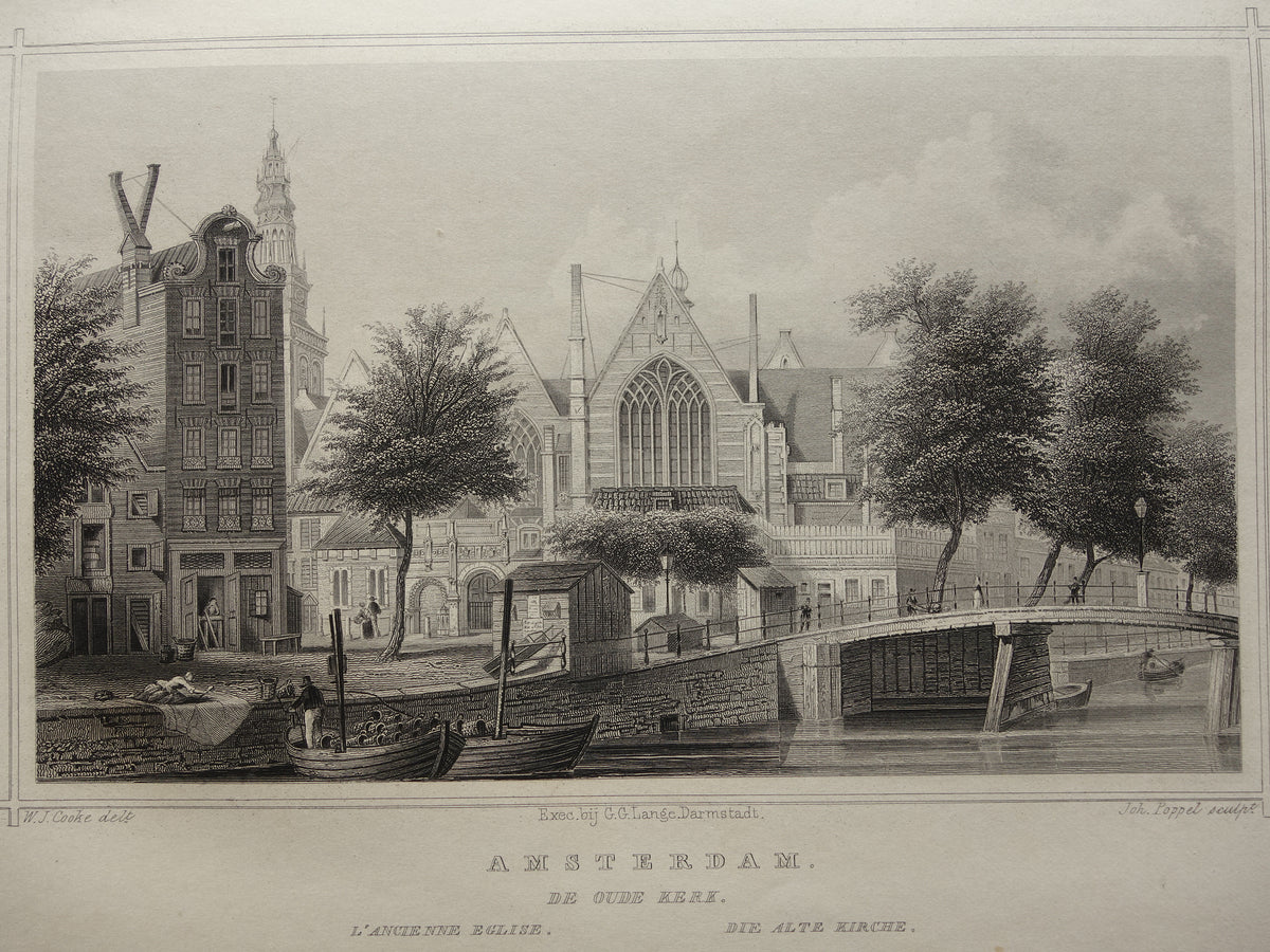 De Oude Kerk Amsterdam Oude prent uit 1858 Originele antieke gravure Terwen Koningrijk der Nederlanden