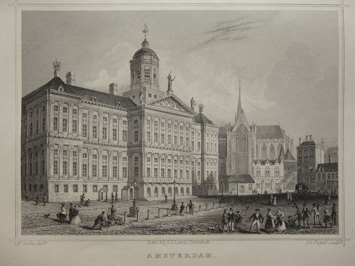 Paleis op de Dam Oude prent uit 1858 Originele antieke gravure Terwen Koningrijk der Nederlanden Amsterdam Het koninklijk Paleis