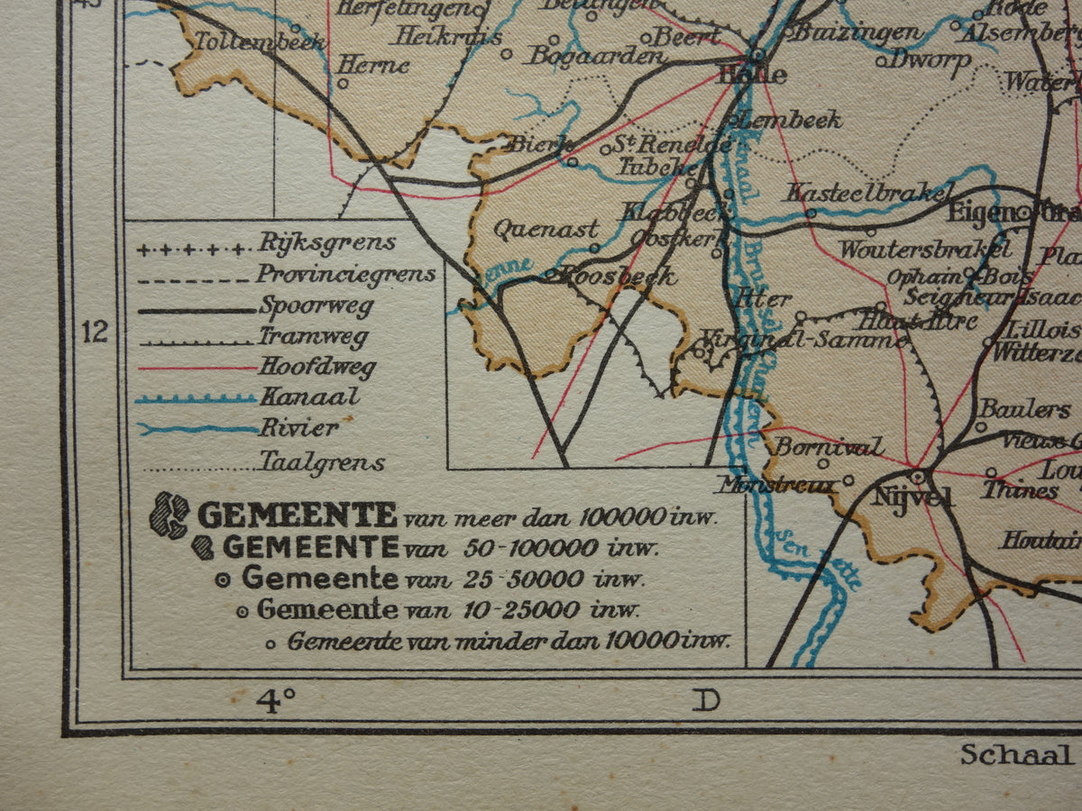 BRABANT Alte Karte der Provinz Belgisch-Brabant aus dem Jahr 1933 Originale Vintage-Karte aus den Niederlanden