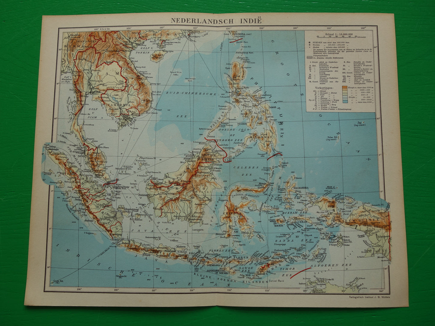 INDONESIË oude kaart van Indonesië Filipijnen Zuidoost-Azië 1937 originele vintage Nederlandse landkaart Nederlandsch Indië Batavia Atjeh Java